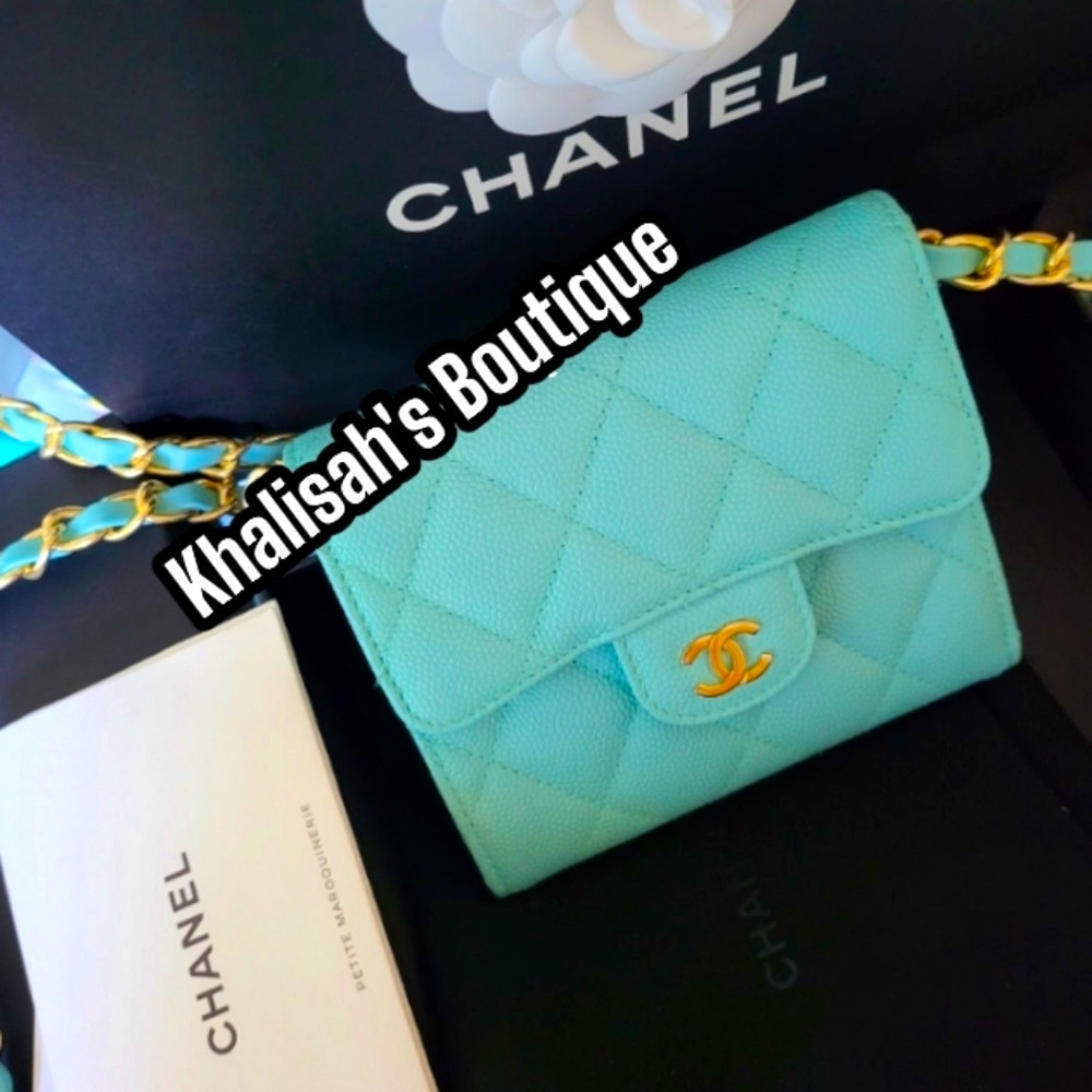 BNIB!! VERY Rare!!! Chanel Wallet LARGE Trifold Tiffany Blue Caviar Belt Waist - Picture 12 of 15
